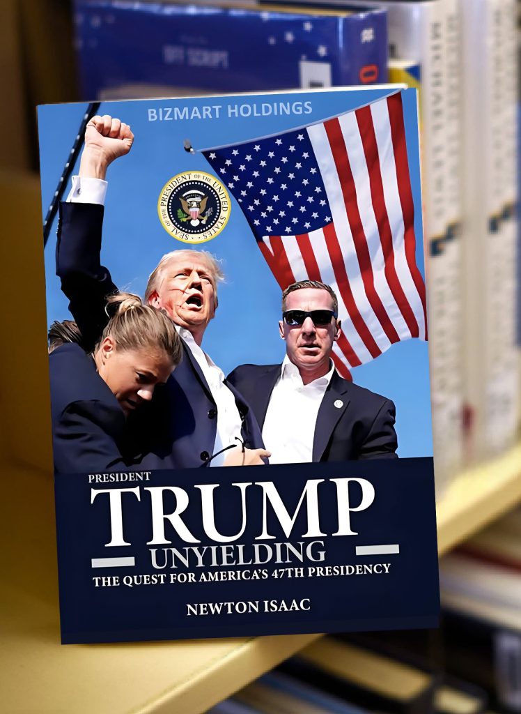 Hardcover copy of Trump Unyielding placed on a bookshelf.