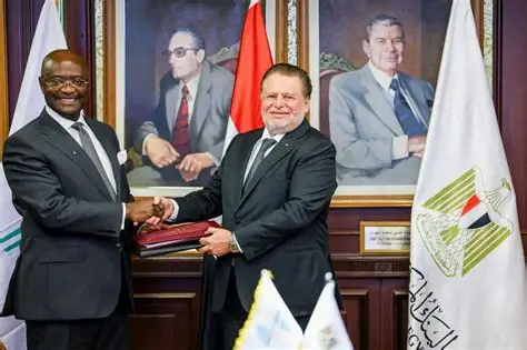 Egyptian and Afreximbank officials formalize Pan-African Gold Bank agreement with handshake and signed documents.