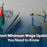 Miniature workers on UAE coins with currency notes and flag, symbolizing wage growth and labor reform.