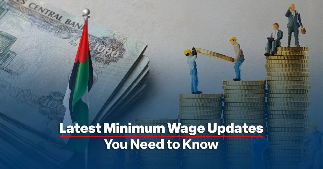 Miniature workers on UAE coins with currency notes and flag, symbolizing wage growth and labor reform.